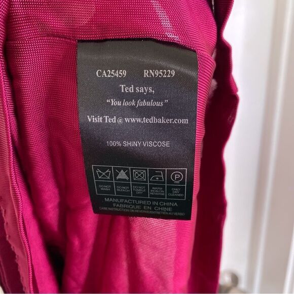 TED BAKER Magenta Pink Dress Red Sash Black Mesh Size 0 V Neck - Picture 6 of 7